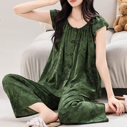 Grünes Loungewear-Set mit Blumenmuster und Rüschenärmeln - image 1