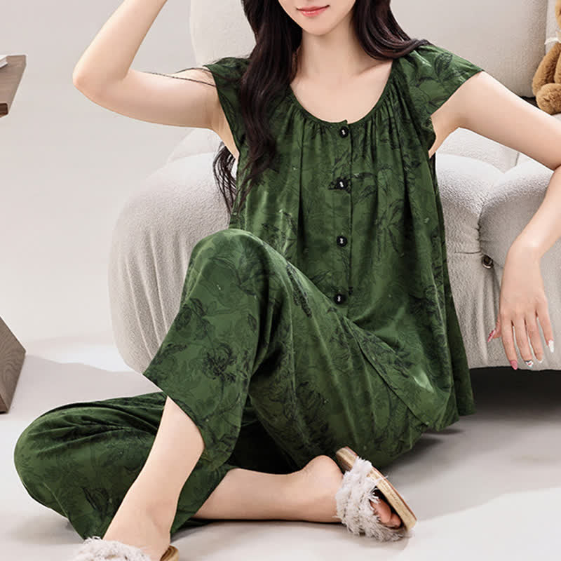 Grünes Loungewear-Set mit Blumenmuster und Rüschenärmeln - image 2