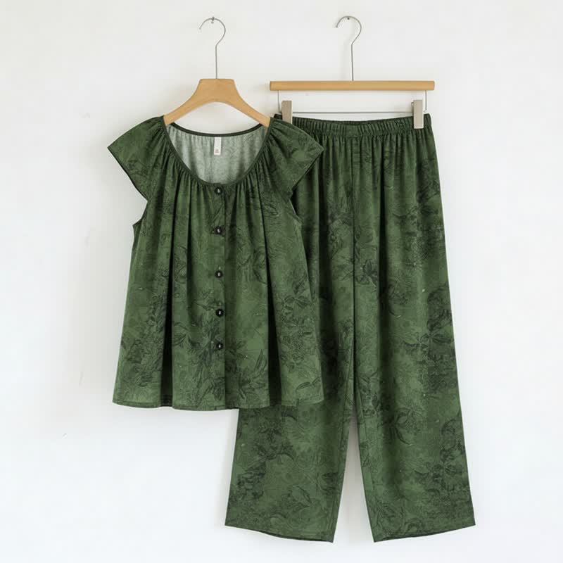 Grünes Loungewear-Set mit Blumenmuster und Rüschenärmeln - Grün - XXL - image 0