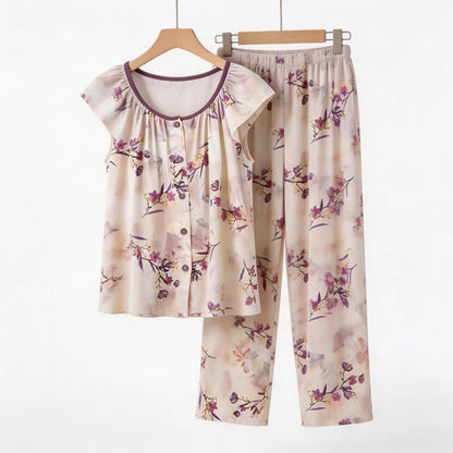 Loungewear-Set mit Knopfleiste in Pfirsichblüten-Optik - Beige - 2XL - image 0