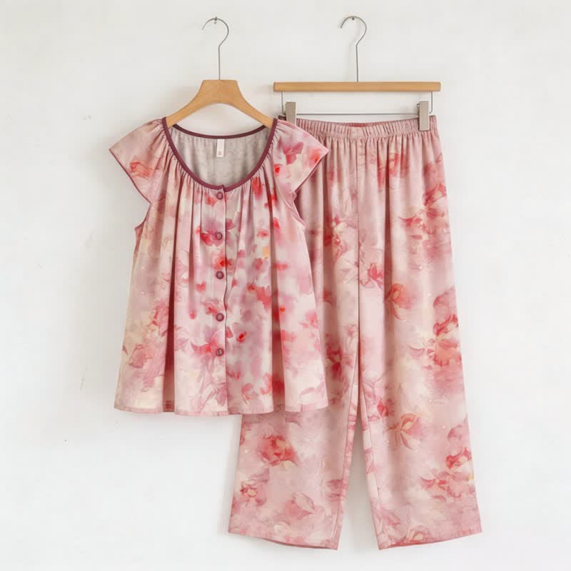 Loungewear-Set in Rosa mit Blumenmuster und Knopfleiste - Rosa - 2XL - image 0
