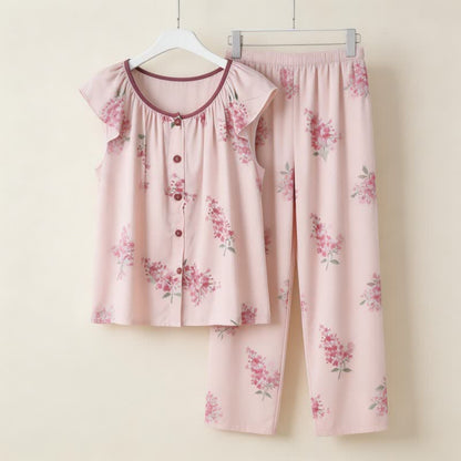 Pyjama mit Blumenmuster, flatternden Ärmeln und Knopfleiste - Rosa - 2XL - image 0