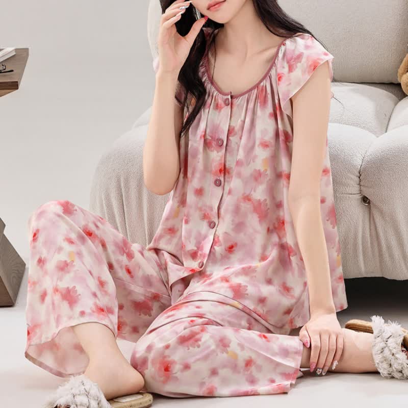 Loungewear-Set in Rosa mit Blumenmuster und Knopfleiste - image 2