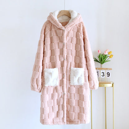 Partner-Bademantel aus Flanell mit Kapuze und Karomuster - Rosa - Frauen: L - image 3