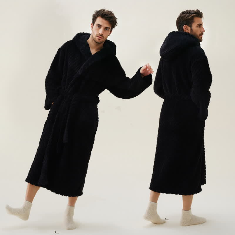 Partner-Morgenmantel aus Plüsch mit Kapuze und Fischgrätmuster - Schwarz - 2XL - image 9