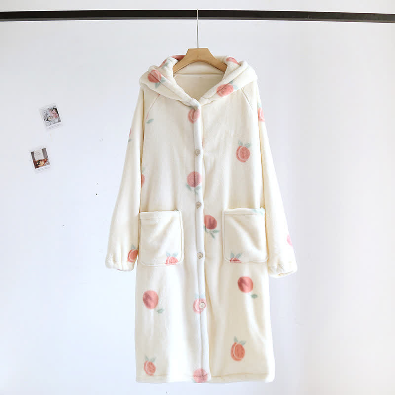 Plüschbademantel mit Kapuze und Pfirsichmuster - Beige - L - image 0