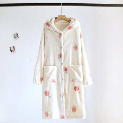 Plüschbademantel mit Kapuze und Pfirsichmuster - Beige - L - image 0