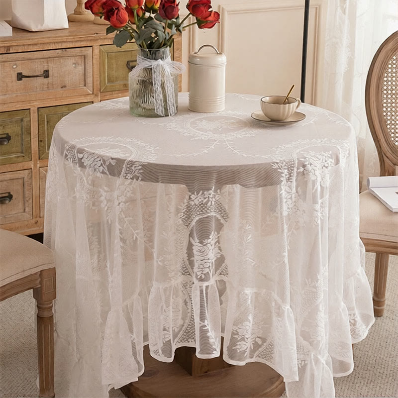 Romantische Tischdecke mit floraler Spitze und Rüschenrand - 150cm x 300cm - Rechteck - Weiß - image 0