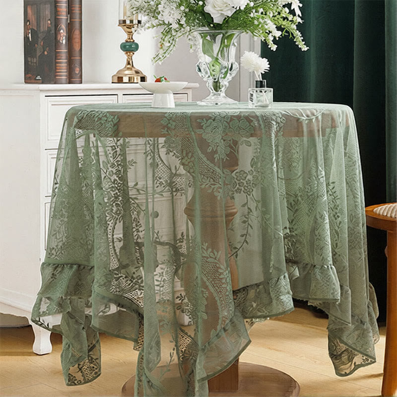Romantische Tischdecke mit floraler Spitze und Rüschenrand - 150cm x 300cm - Rechteck - Grün - image 3
