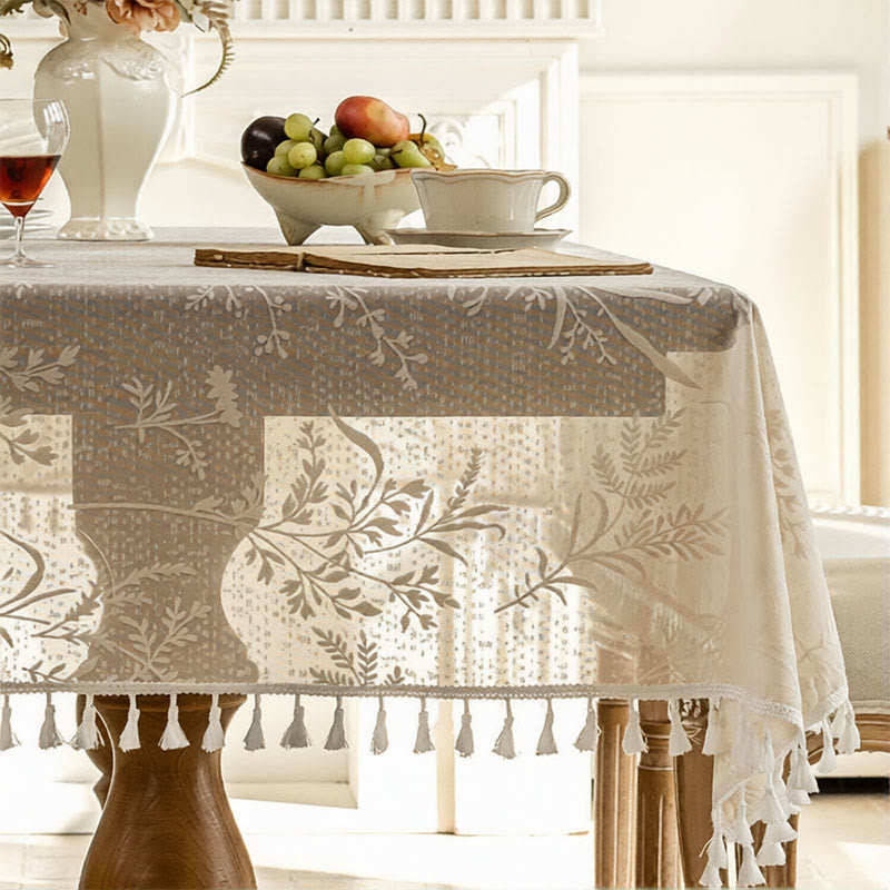 Romantische Tischdecke mit Blumenmuster, Blattspitze und Quasten - 140cm x 260cm - Beige - image 3