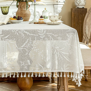 Romantische Tischdecke mit Blumenmuster, Blattspitze und Quasten - 140cm x 260cm - Weiß - image 0