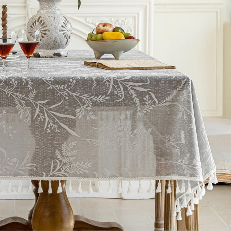 Romantische Tischdecke mit Blumenmuster, Blattspitze und Quasten - 140cm x 260cm - Grau - image 6