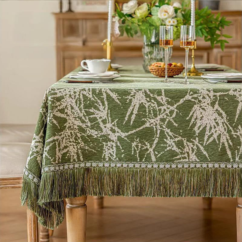 Vintage-Tischdecke aus Bambus-Jacquard mit Quasten - 112" - Runden - Grün - image 0