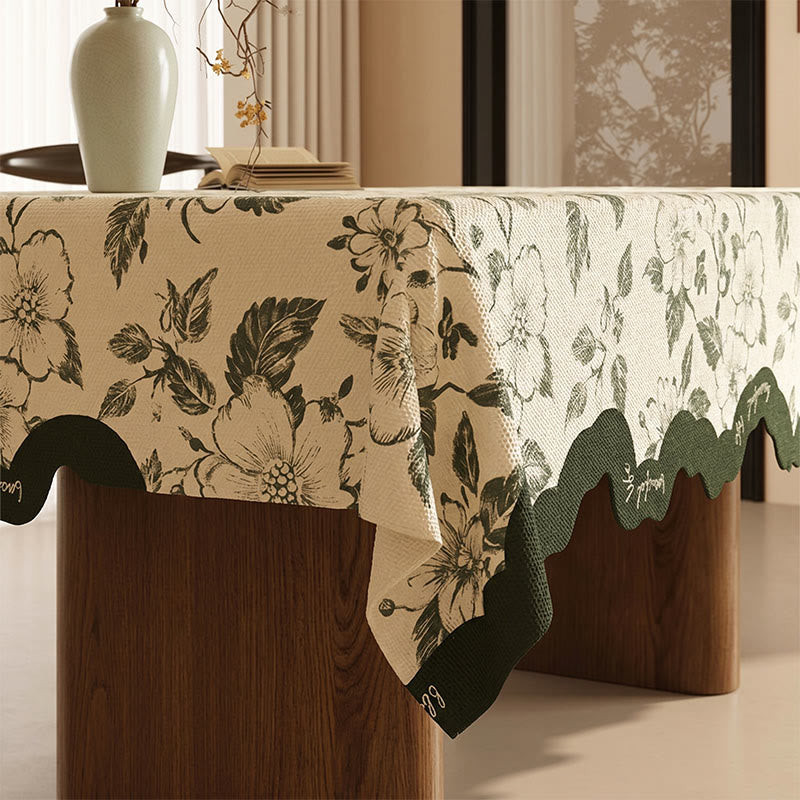 Vintage grüne Tischdecke aus Baumwollleinen mit Blumenmuster - image 2