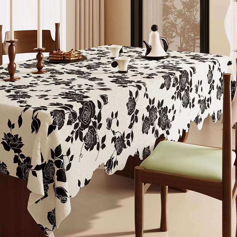 Luxuriöse Tischdecke aus Baumwoll-Leinen mit schwarzem Rosenmuster - 140cm x 220cm - Rechteck - image 0