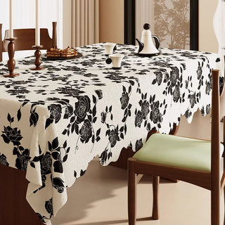 Luxuriöse Tischdecke aus Baumwoll-Leinen mit schwarzem Rosenmuster - 140cm x 220cm - Rechteck - image 0