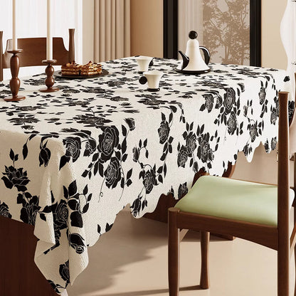 Luxuriöse Tischdecke aus Baumwoll-Leinen mit schwarzem Rosenmuster - 140cm x 220cm - Rechteck - image 0