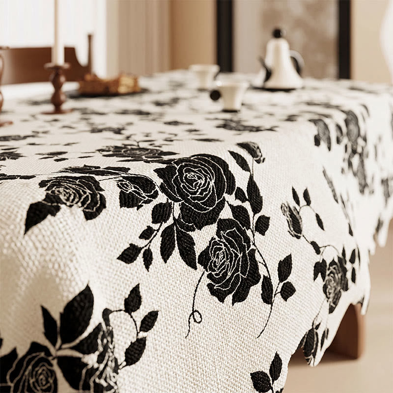 Luxuriöse Tischdecke aus Baumwoll-Leinen mit schwarzem Rosenmuster - image 2
