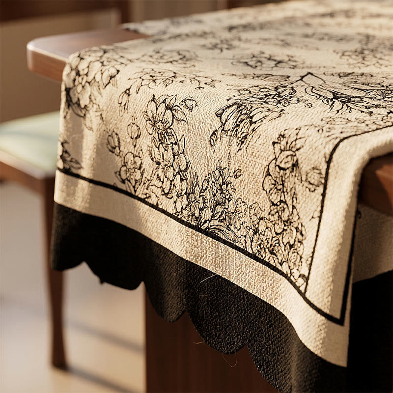 Schwarze Tischdecke aus Baumwoll-Leinen mit Blumenmuster - image 1