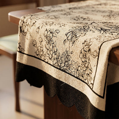 Schwarze Tischdecke aus Baumwoll-Leinen mit Blumenmuster - image 1