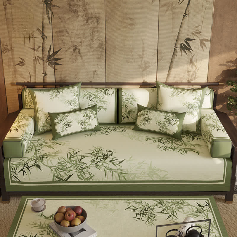 Sofabezug im Vintage-Stil mit grünem Bambusblatt - Sofaschutz - 110cm x 280cm - image 0