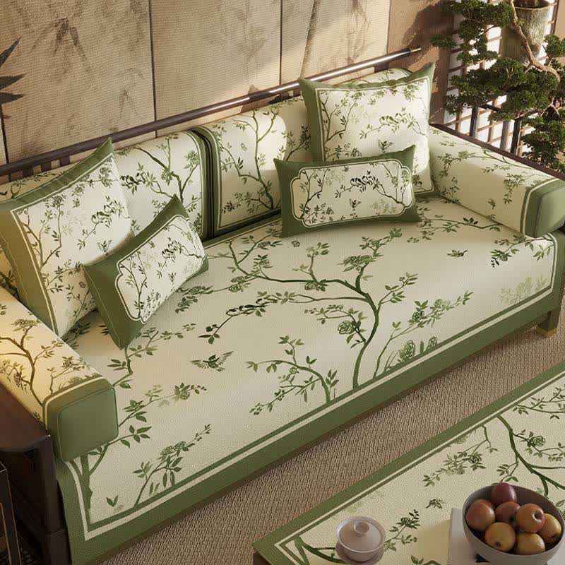 Vintage Sofabezug mit grünen Zweigen und Blumen - image 1