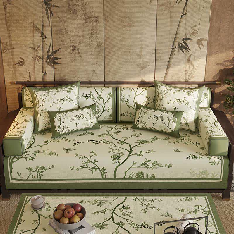 Vintage Sofabezug mit grünen Zweigen und Blumen - Sofaschutz - 110cm x 280cm - image 0
