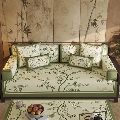 Vintage Sofabezug mit grünen Zweigen und Blumen - Sofaschutz - 110cm x 280cm - image 0