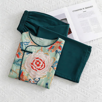 Loungewear-Set im Retro-Blumen-Stil mit orientalischem Flair - Grün - M - image 0