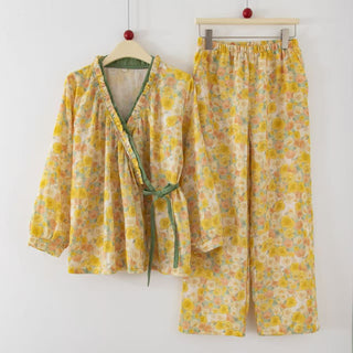 Gelbes Loungewear-Set aus Baumwolle mit Rüschen und Blumenmuster - Gelb - XL - image 0