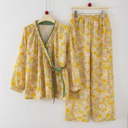 Gelbes Loungewear-Set aus Baumwolle mit Rüschen und Blumenmuster - Gelb - XL - image 0