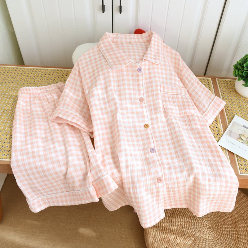 Schlafanzug aus kariertem Baumwollgaze mit bunten Knöpfen - Rosa - XL - image 5