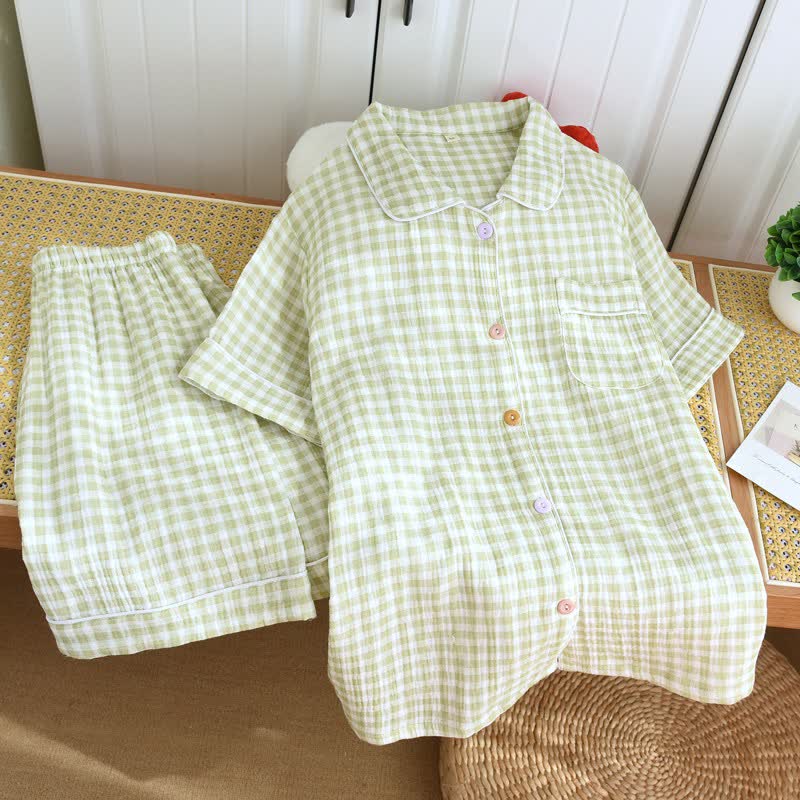 Schlafanzug aus kariertem Baumwollgaze mit bunten Knöpfen - Grün - XL - image 16