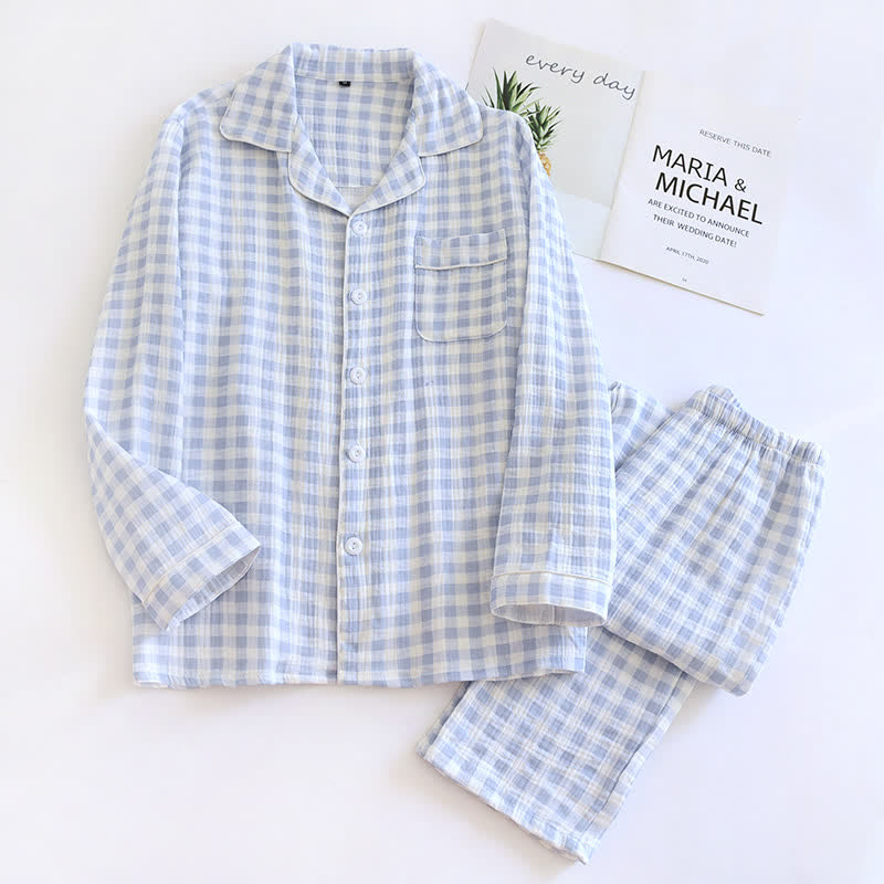 Partner-Pyjamas aus kariertem Baumwollgaze - Blau - XL (Herren) - image 6