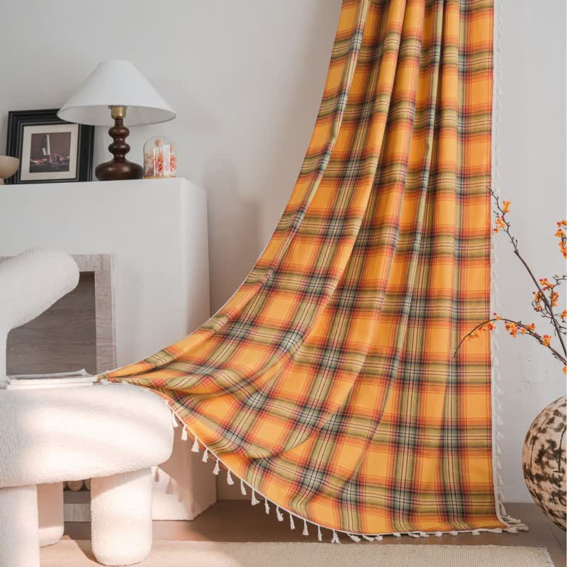 Orangefarbener Vorhang im Landhausstil mit Karomuster und Quasten - Öse - 150cm x 280cm - image 1