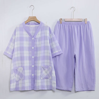 Pyjama-Set aus kariertem Baumwollgaze mit Knopfleiste - image 15