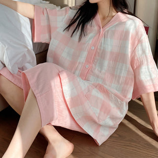 Pyjama-Set aus kariertem Baumwollgaze mit Knopfleiste - Rosa - 5XL - image 0