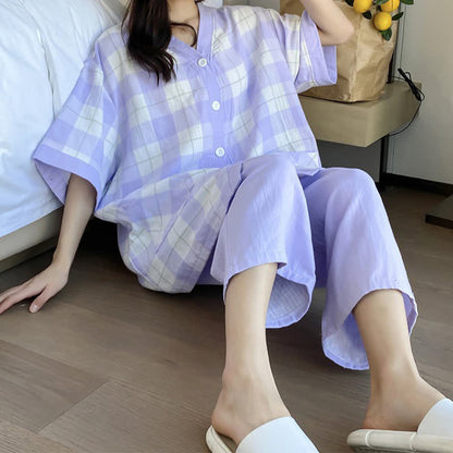 Pyjama-Set aus kariertem Baumwollgaze mit Knopfleiste - image 12
