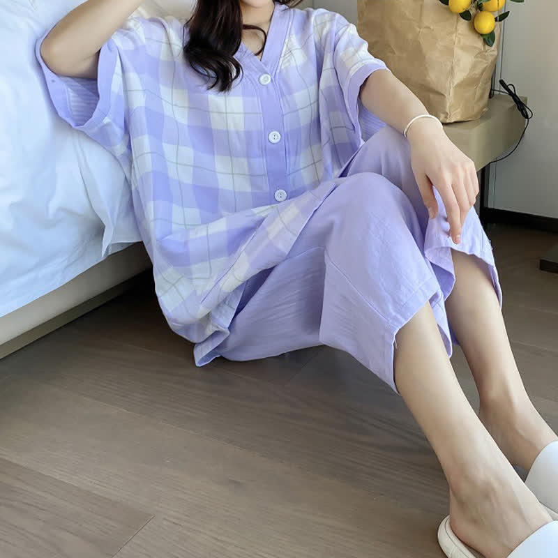 Pyjama-Set aus kariertem Baumwollgaze mit Knopfleiste - image 10