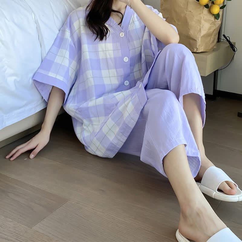 Pyjama-Set aus kariertem Baumwollgaze mit Knopfleiste - image 11