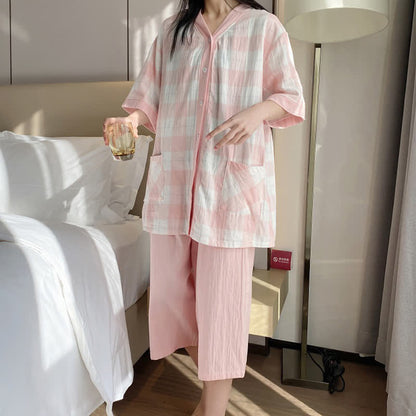 Pyjama-Set aus kariertem Baumwollgaze mit Knopfleiste - image 1