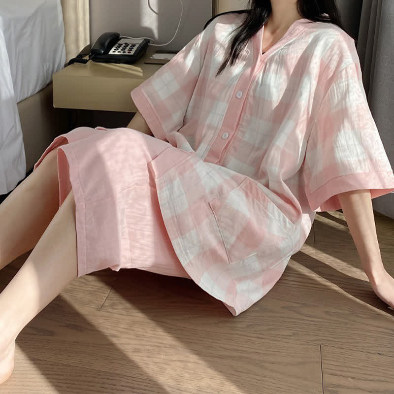 Pyjama-Set aus kariertem Baumwollgaze mit Knopfleiste - image 3