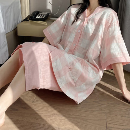 Pyjama-Set aus kariertem Baumwollgaze mit Knopfleiste - image 3