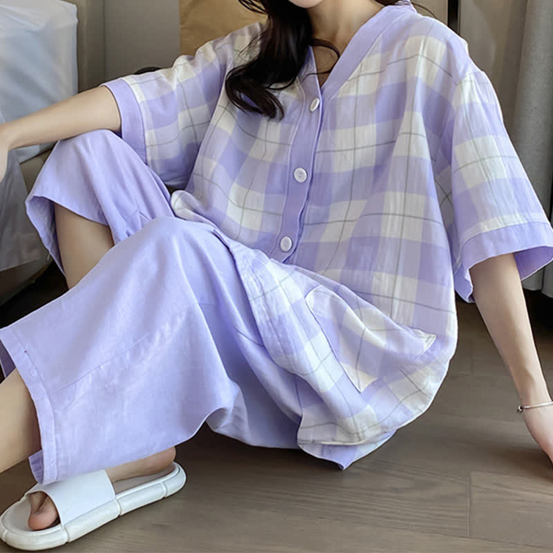 Pyjama-Set aus kariertem Baumwollgaze mit Knopfleiste - Lila - 5XL - image 7