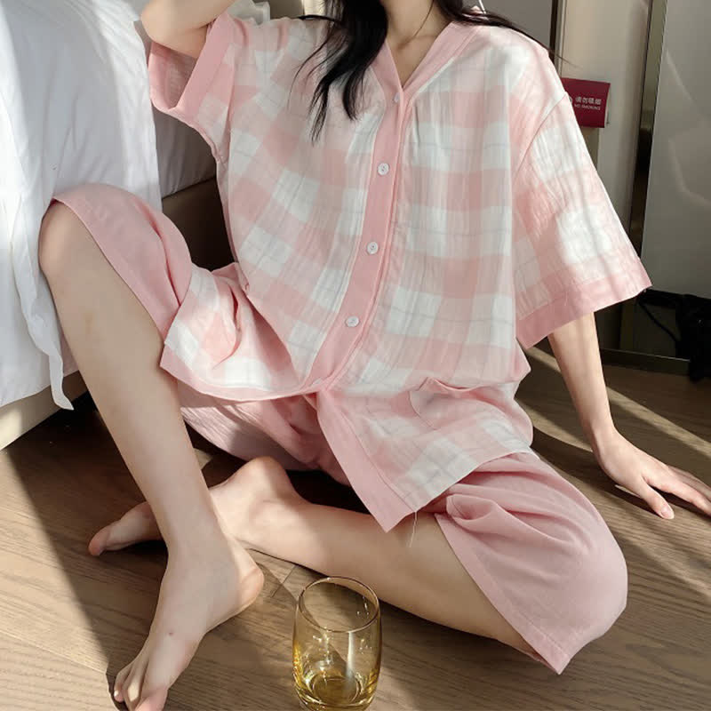 Pyjama-Set aus kariertem Baumwollgaze mit Knopfleiste - image 4