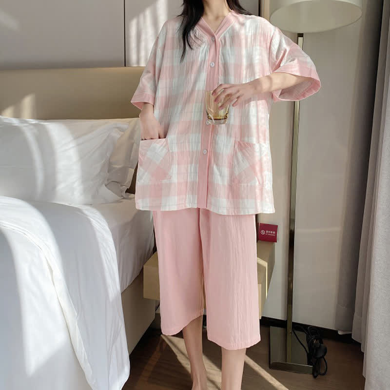Pyjama-Set aus kariertem Baumwollgaze mit Knopfleiste - image 5