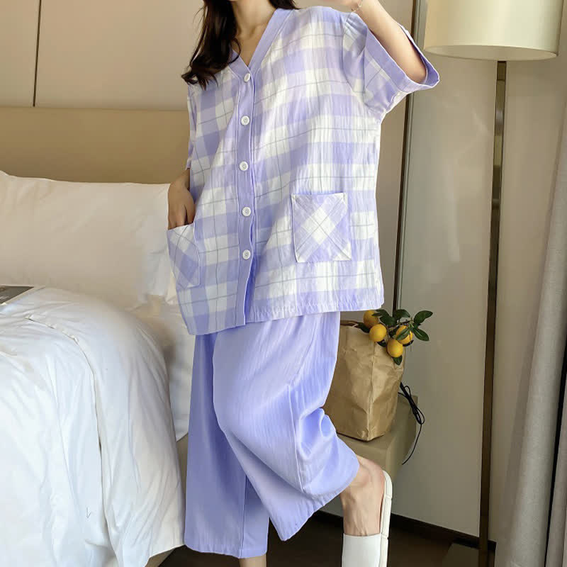 Pyjama-Set aus kariertem Baumwollgaze mit Knopfleiste - image 13