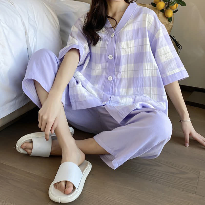 Pyjama-Set aus kariertem Baumwollgaze mit Knopfleiste - image 9