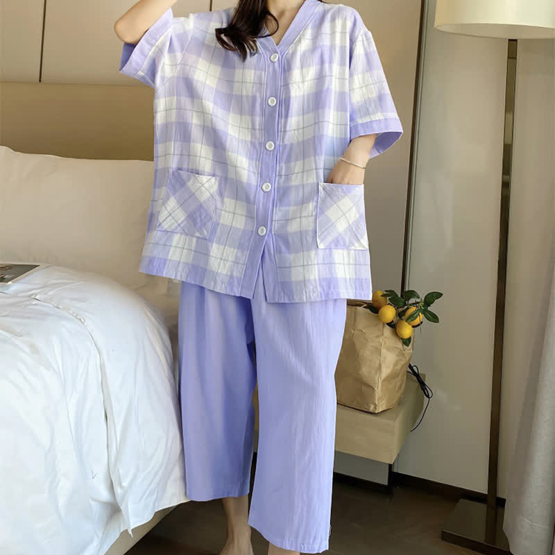 Pyjama-Set aus kariertem Baumwollgaze mit Knopfleiste - image 8
