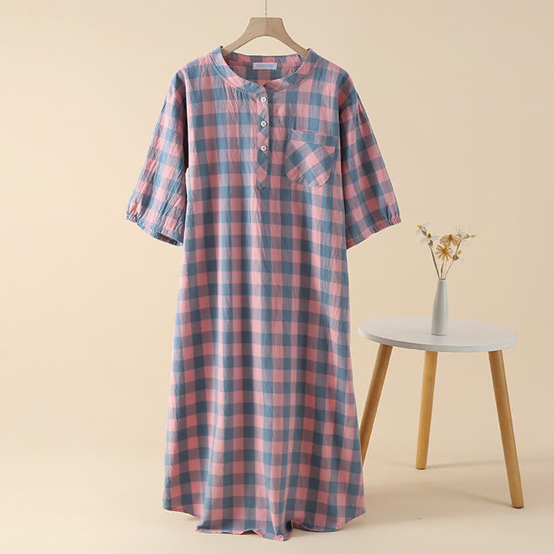 Nachthemd aus kariertem Baumwollgaze mit 3 Knöpfen - Rosa - XL - image 0
